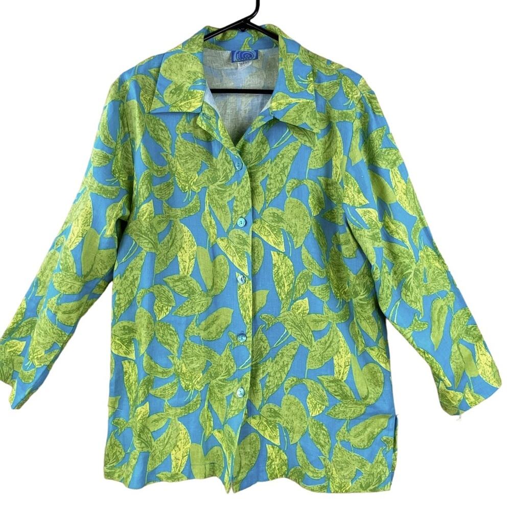 Isabella 100% Linen Leaf Print Blouse Size M Beach Coastal Blue Green